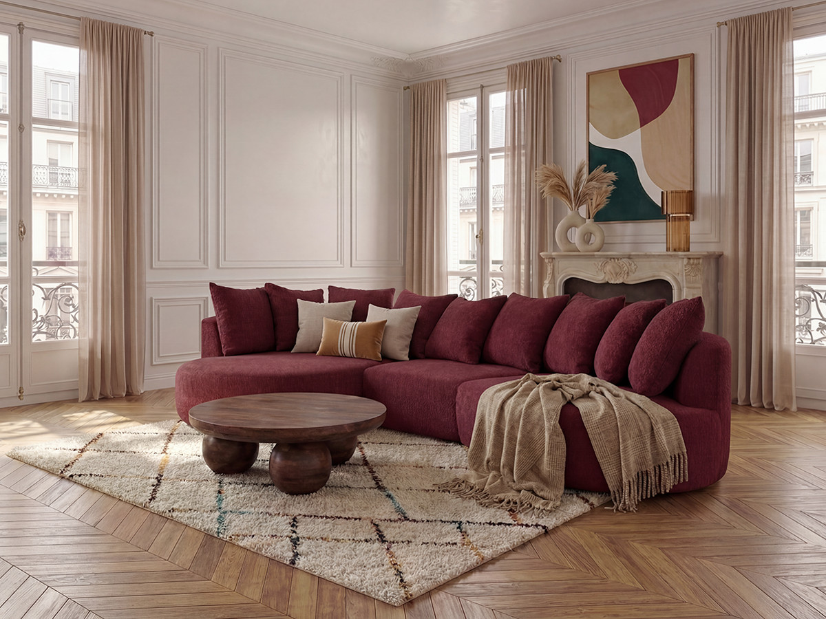 Bobochic Calypso Ecksofa Bouclé-Stoff Bordeaux Ecke links