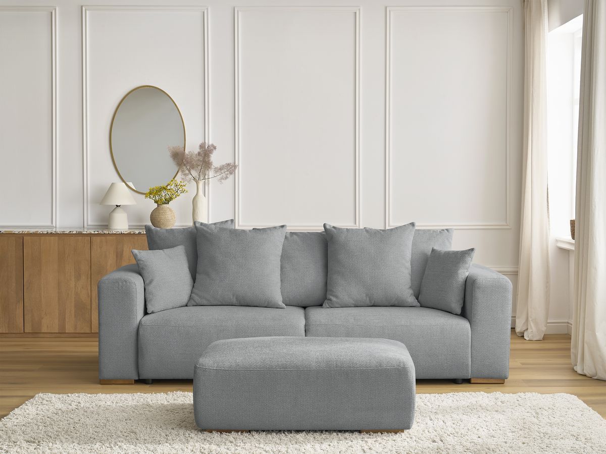Bobochic Sidonie Schlafsofa 4-Sitzer mit Bettkasten und Pouf Melange-Stoff Dunkelgrau