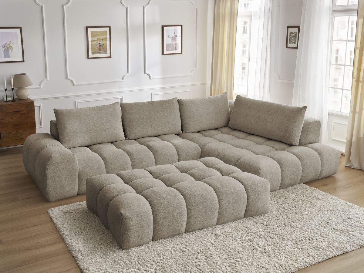 Bobochic Everest Ecksofa mit Schlaffunktion und Pouf, 4 Kissen Melange-Stoff Taupe Ecke rechts