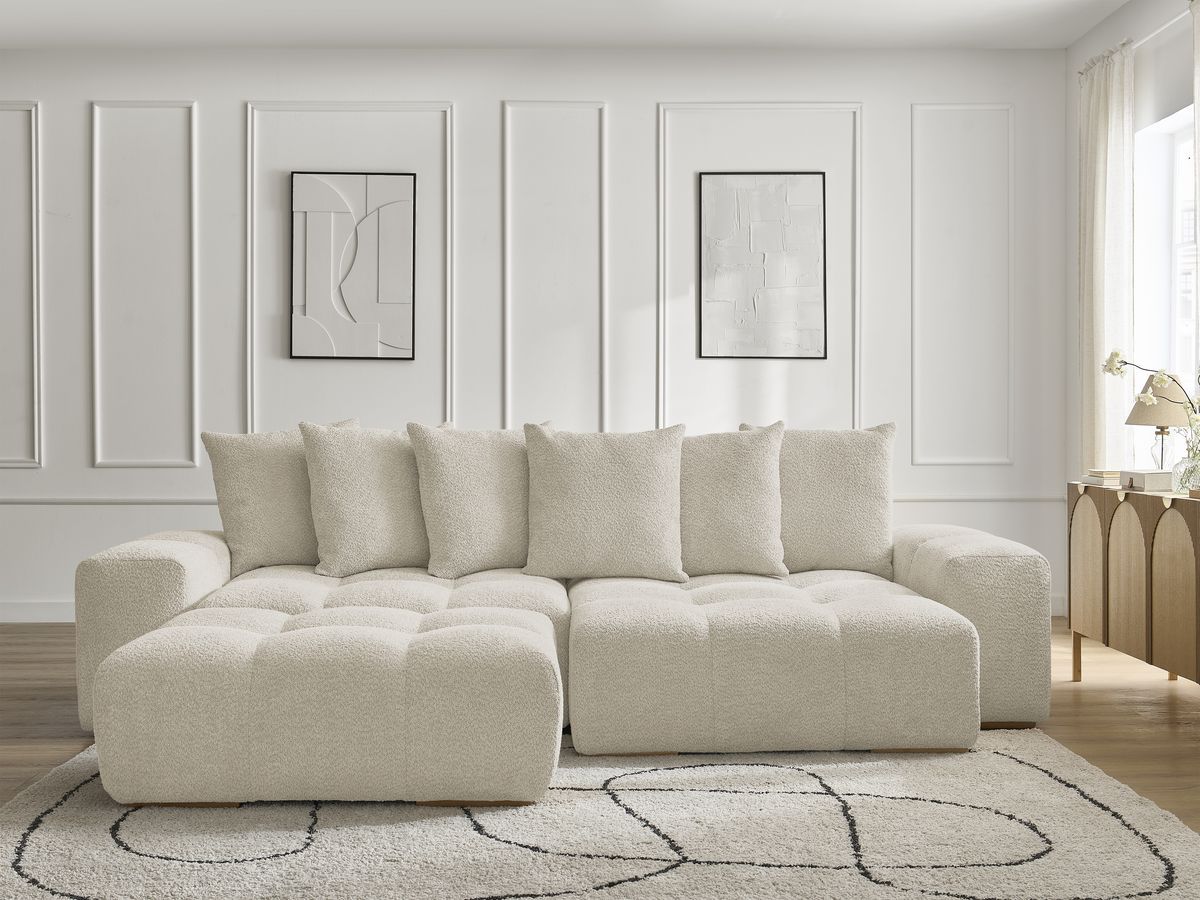 Bobochic Anakin Ecksofa mit Pouf, 6 Kissen Bouclé-Stoff Beige