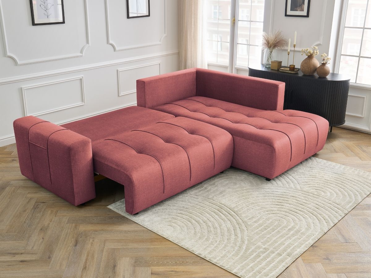 Bobochic Arsene Ecksofa mit Schlaffunktion und Bettkasten 277 × 200 cm Samt Orange Ecke rechts