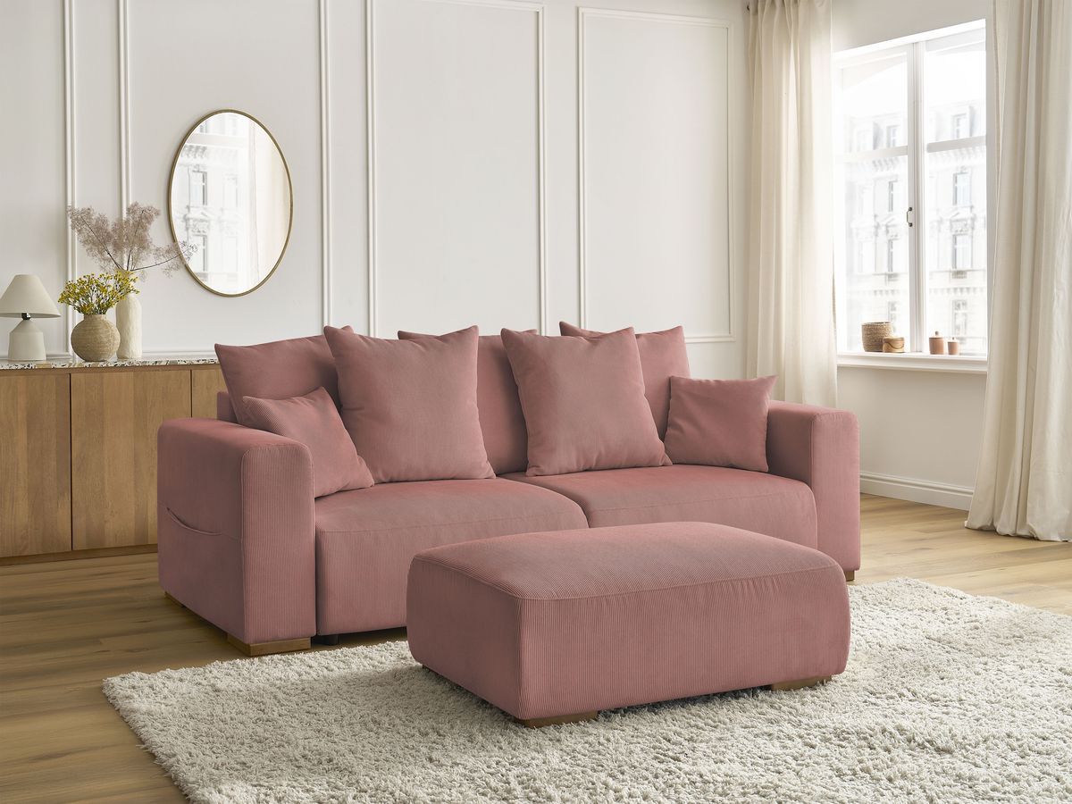 Bobochic Sidonie Schlafsofa 4-Sitzer mit Bettkasten und Pouf Cordsamt Rosa