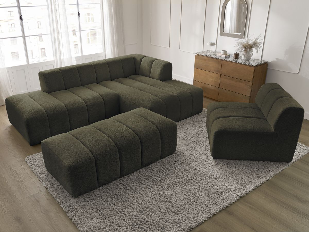 Bobochic Annecy Ecksofa mit Sofamodul und Pouf Bouclé-Stoff Grün Ecke rechts