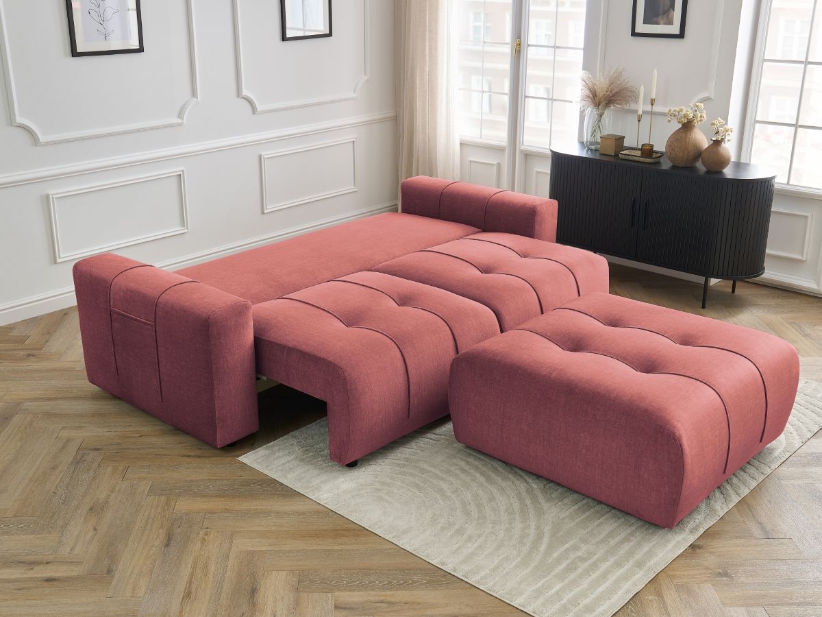 Bobochic Arsene Schlafsofa 4-Sitzer mit Bettkasten und Pouf Samt Orange