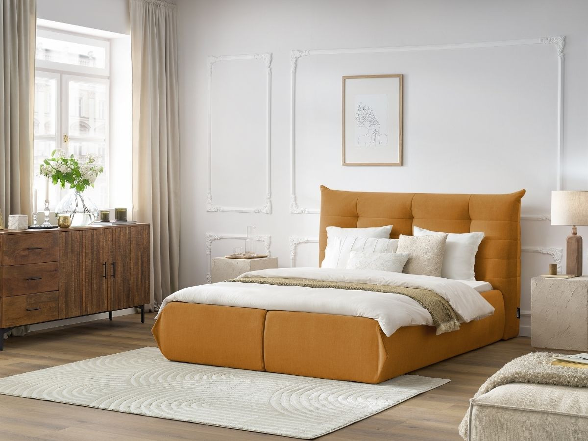 Bobochic Clothilde Polsterbett mit Bettkasten Samt Orange, Liegefläche 140 × 190 cm