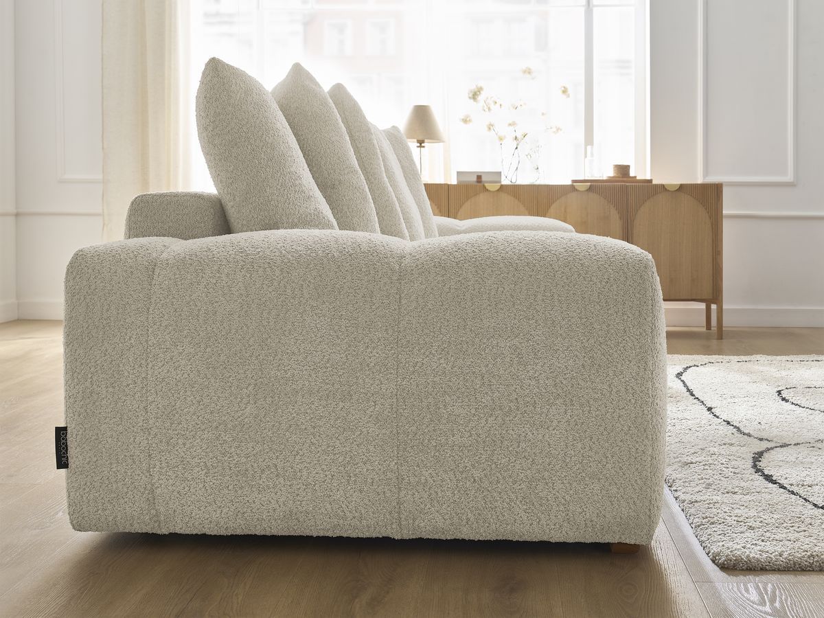 Bobochic Anakin Sofa 3-Sitzer, 6 Kissen Bouclé-Stoff Beige