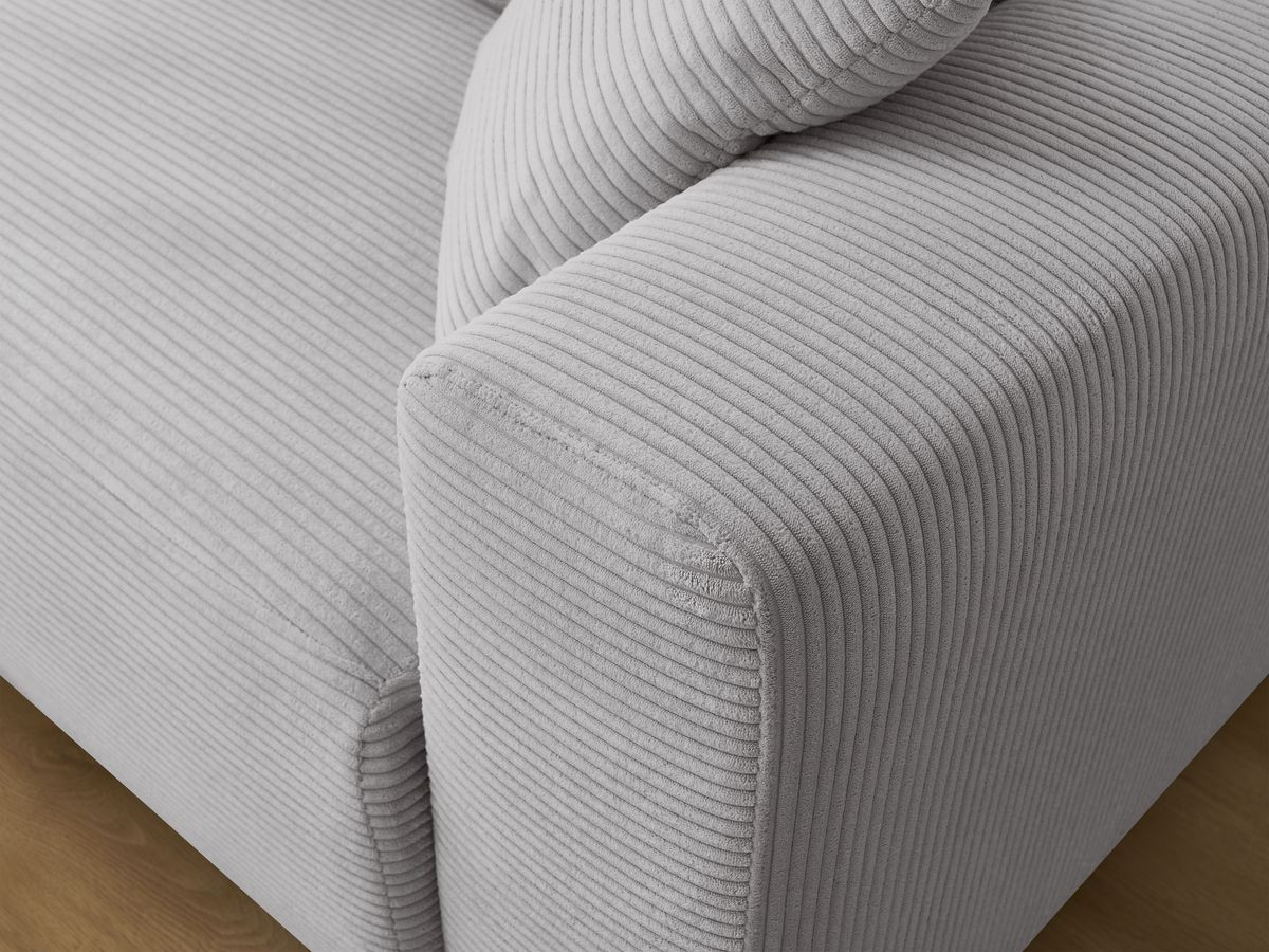 Bobochic Atilla Ecksofa mit Schlaffunktion und Bettkasten und Pouf Cordsamt Hellgrau Ecke links