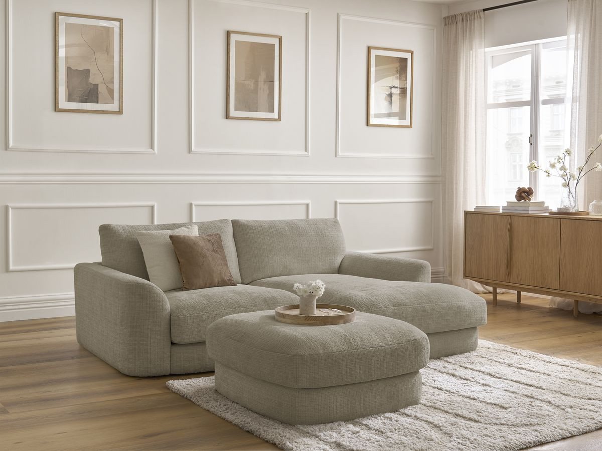 Bobochic Leonore Ecksofa mit Pouf Strukturstoff Taupe Ecke rechts