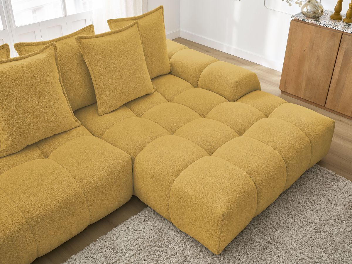 Bobochic Everest Ecksofa mit Schlaffunktion und Bettkasten 318 × 180 cm, 7 Kissen Melange-Stoff Gelb Ecke rechts