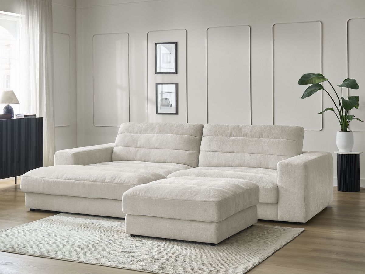 Bobochic Sierra Ecksofa mit Pouf Strukturstoff Beige Ecke links