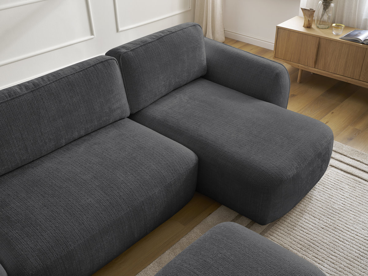 Bobochic Denise Ecksofa mit Schlaffunktion und Bettkasten und Pouf 258 × 160 cm Strukturstoff Schwarz Ecke rechts