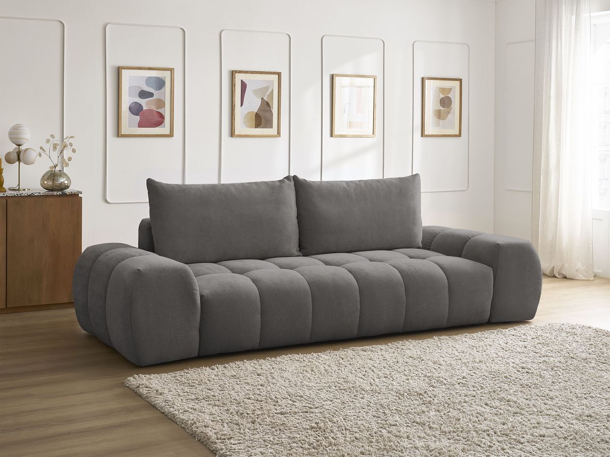 Bobochic Everest Schlafsofa 3-Sitzer mit Bettkasten, 2 Kissen Strukturstoff Dunkelgrau
