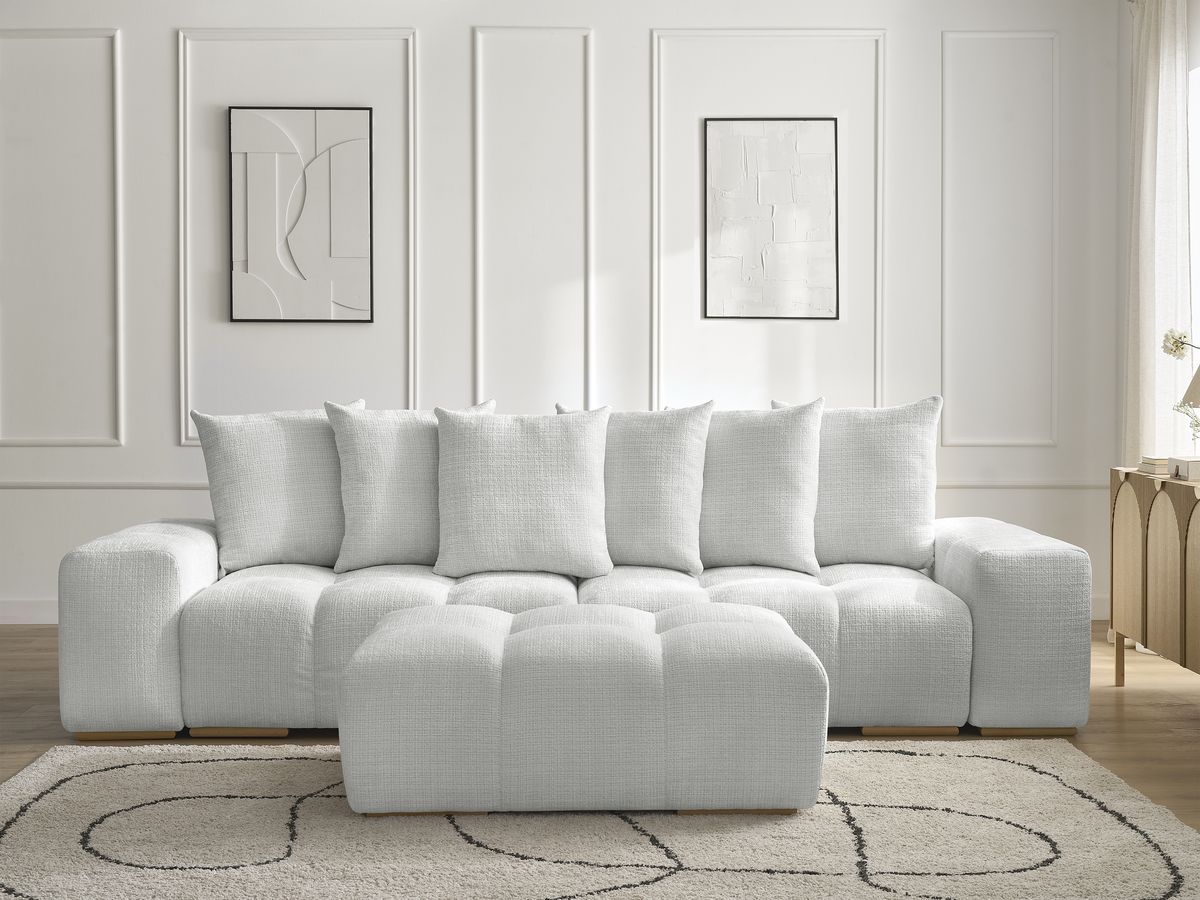 Bobochic Anakin Sofa 3-Sitzer mit Pouf, 6 Kissen Strukturstoff Hellgrau