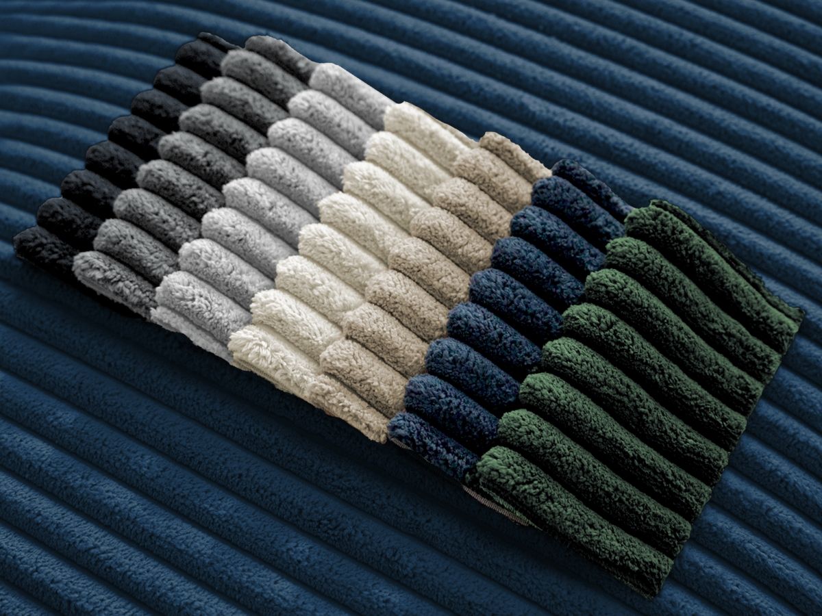 Bobochic Chelsea Ecksofa mit Schlaffunktion und Bettkasten und Pouf Breitcord weich Dunkelblau