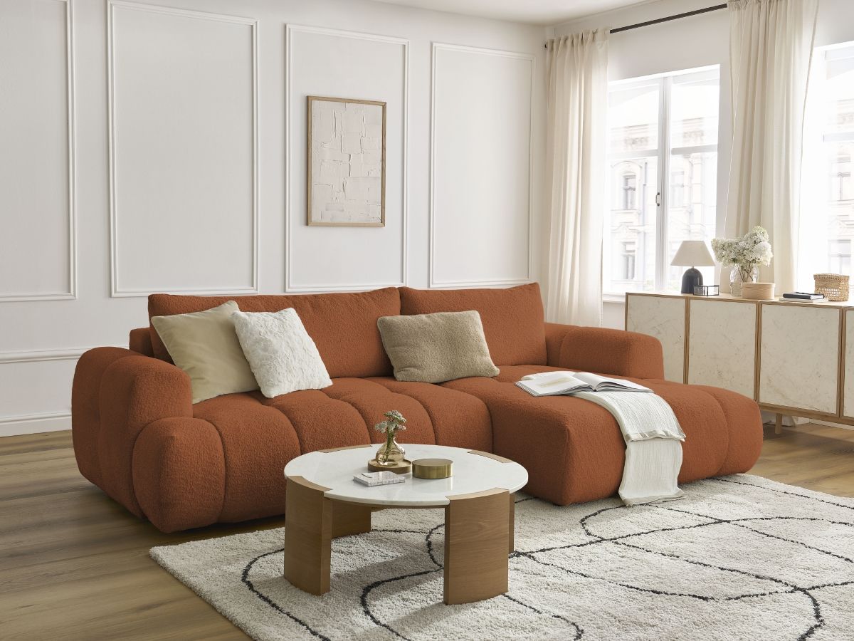 Bobochic Fuji Ecksofa mit Schlaffunktion und Bettkasten 292 × 160 cm Bouclé-Stoff Orange Ecke rechts