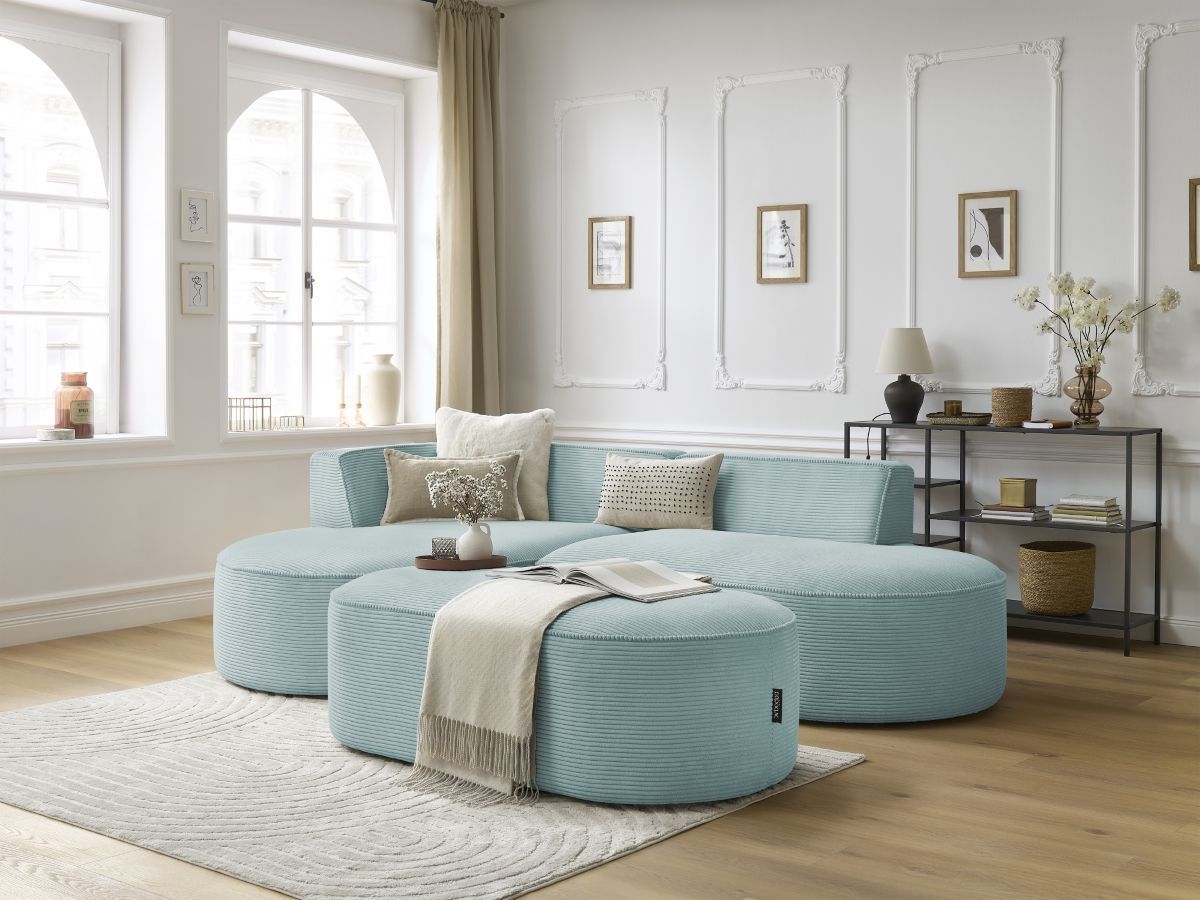 Bobochic Rousseau Ecksofa mit Pouf Cordsamt Hellblau Ecke links