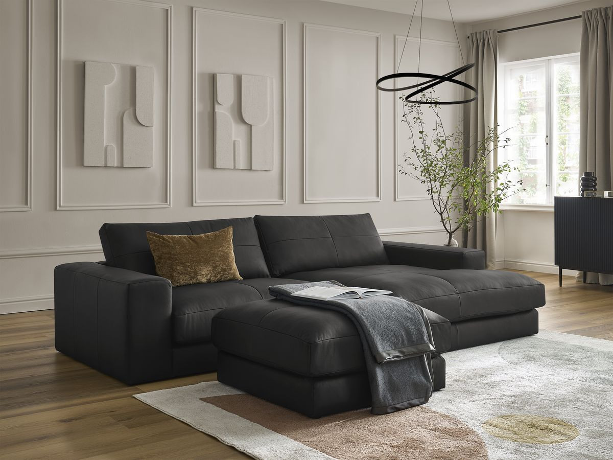 Bobochic Leonard Ecksofa mit Pouf 274 × 159 cm Leder Schwarz Ecke rechts