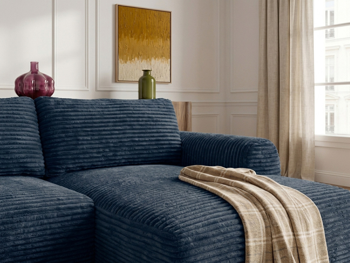 Bobochic Lucien Ecksofa mit Schlaffunktion und Bettkasten Breitcord weich Dunkelblau Ecke rechts