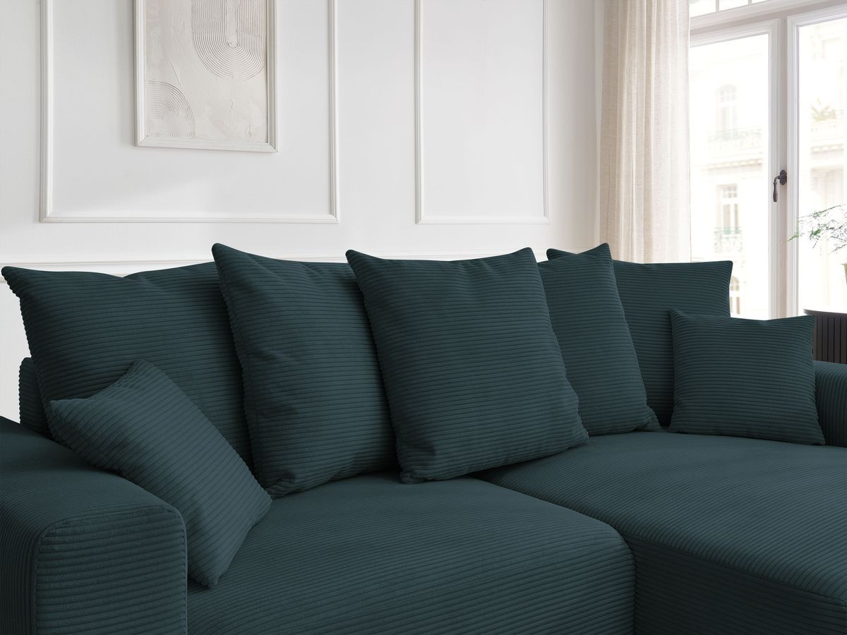 Bobochic Atilla Ecksofa mit Schlaffunktion und Bettkasten Cordsamt Dunkelblau Ecke rechts