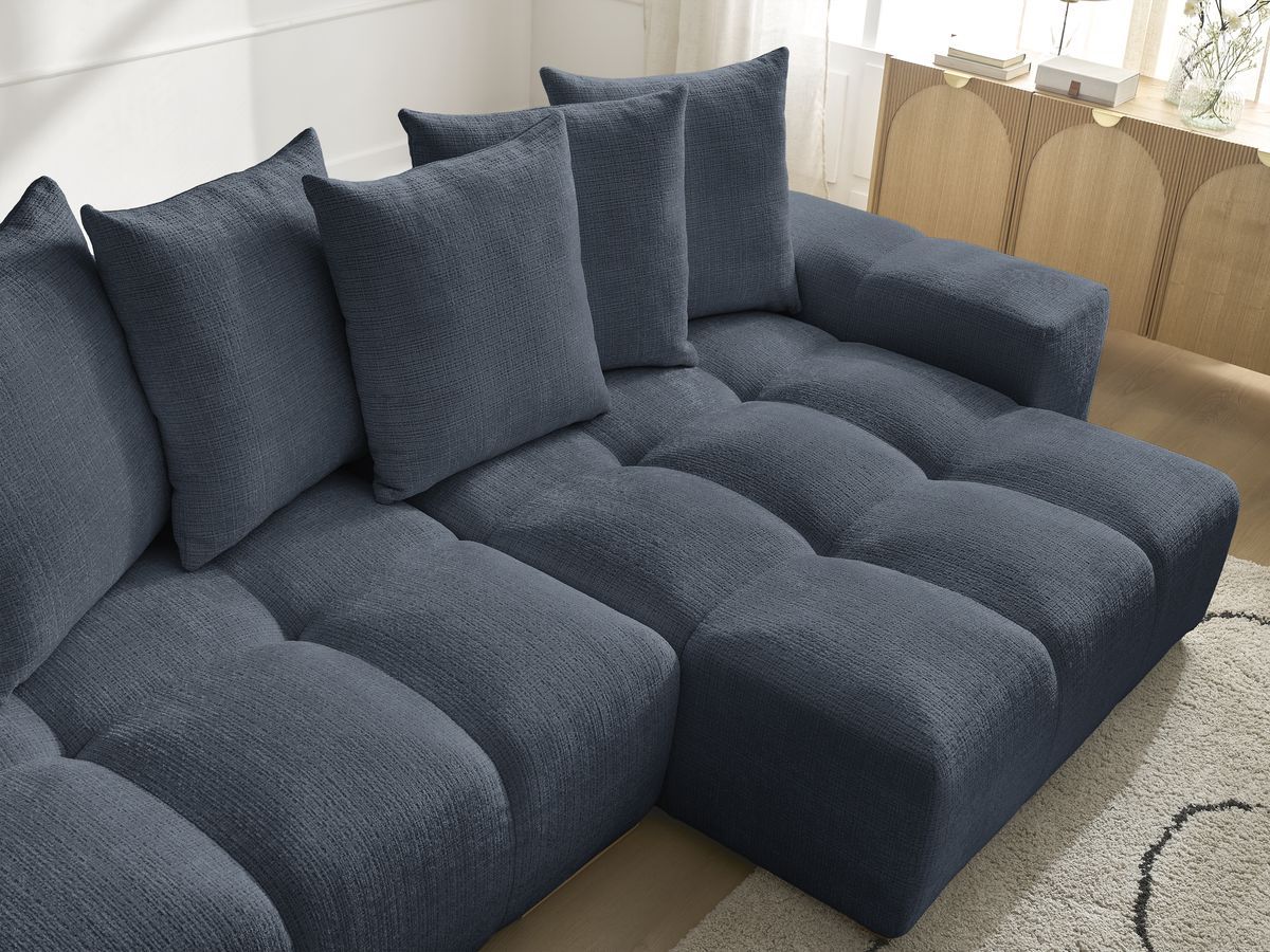 Bobochic Anakin Ecksofa mit Schlaffunktion und Bettkasten, 6 Kissen Strukturstoff Dunkelblau