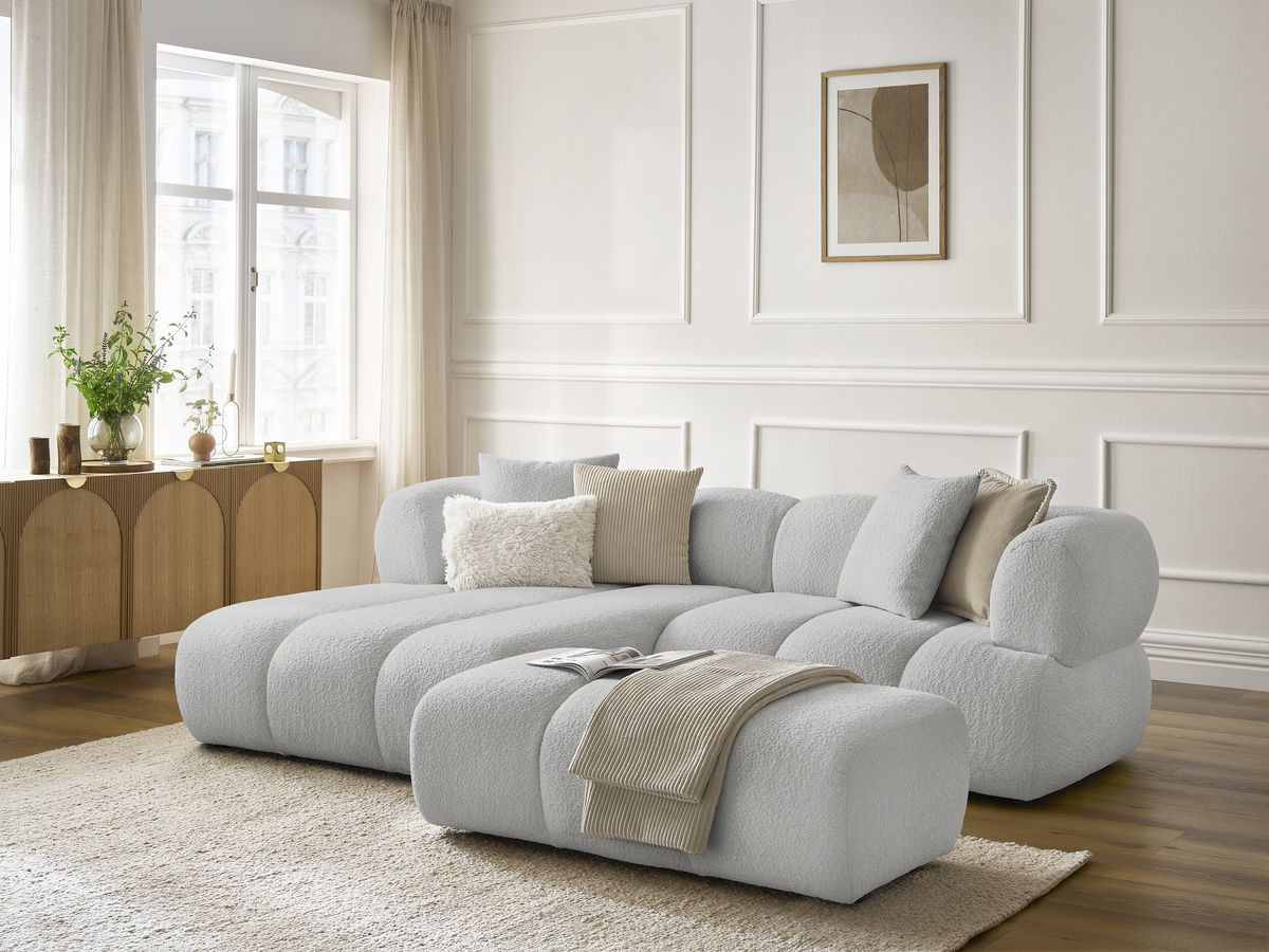 Bobochic Pamira Ecksofa mit Pouf Bouclé-Stoff Hellgrau Ecke links