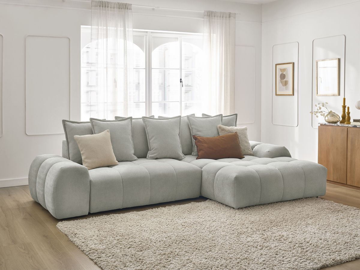 Bobochic Everest Ecksofa mit Schlaffunktion und Bettkasten 318 × 180 cm, 7 Kissen Strukturstoff Hellgrau Ecke rechts