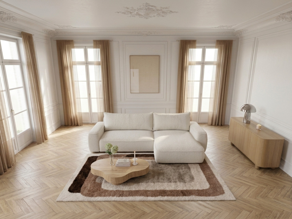 Bobochic Honore Ecksofa mit Schlaffunktion und Bettkasten Chenille Weiß