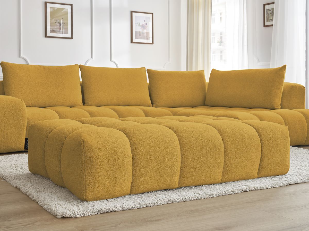 Bobochic Everest Ecksofa mit Schlaffunktion und Pouf, 4 Kissen Melange-Stoff Gelb Ecke rechts