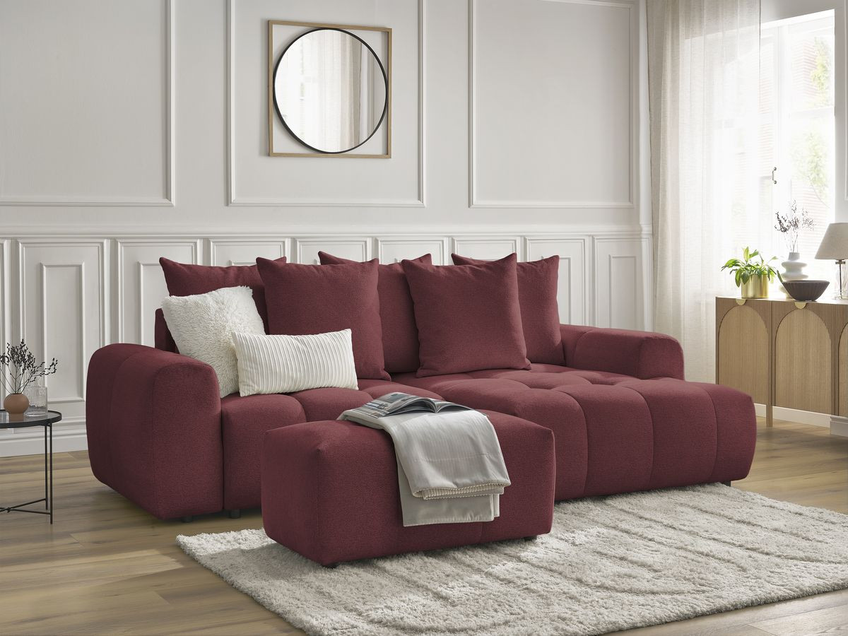 Bobochic Roxelane Ecksofa mit Schlaffunktion und Bettkasten und Pouf 258 × 150 cm Melange-Stoff Rot Ecke rechts