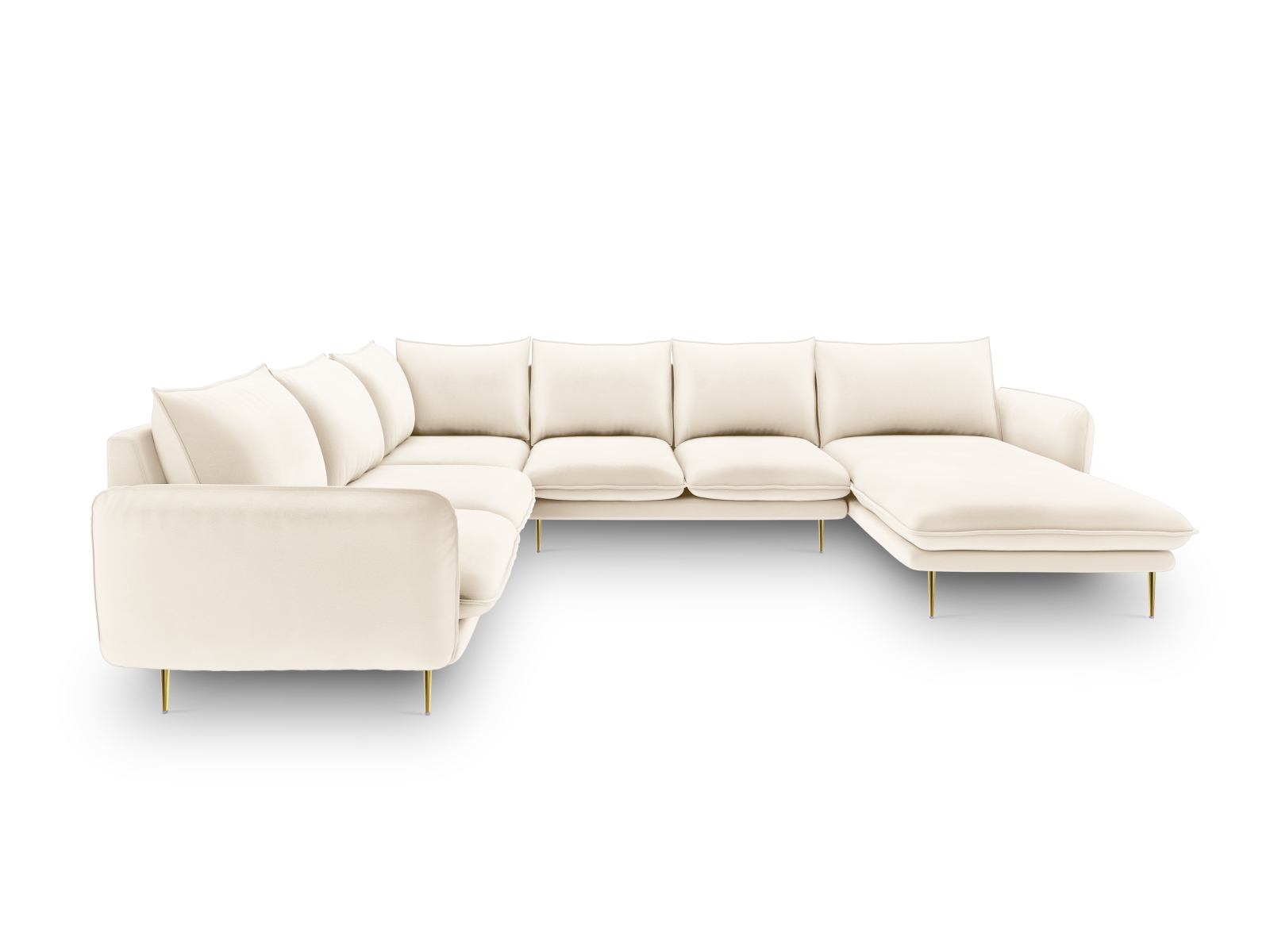 Cosmopolitan Design Panoramasofa Vienna 7-Sitzer Samt Bluvel Helles Beige Links Beine Gold