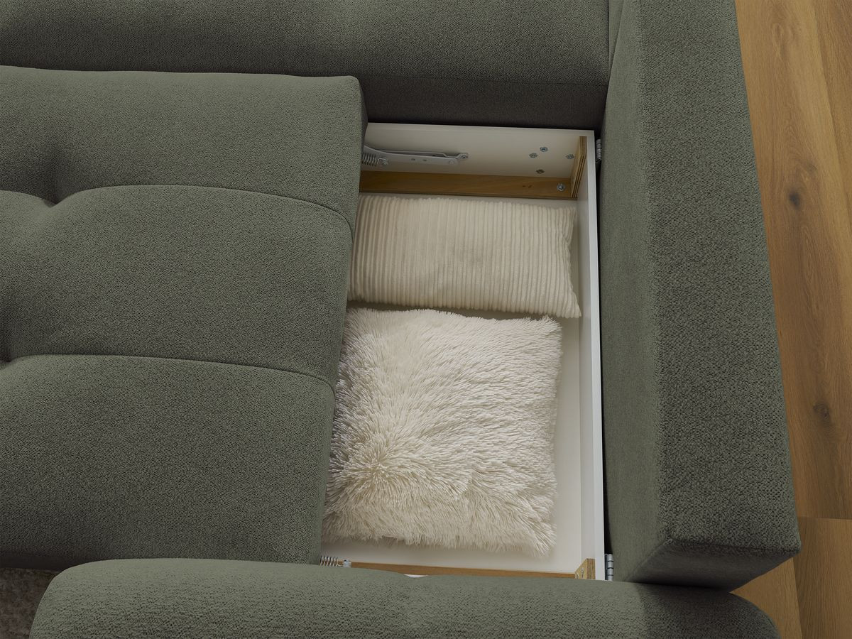 Bobochic Roxelane Ecksofa mit Schlaffunktion und Bettkasten und Pouf 258 × 150 cm Melange-Stoff Grün Ecke links