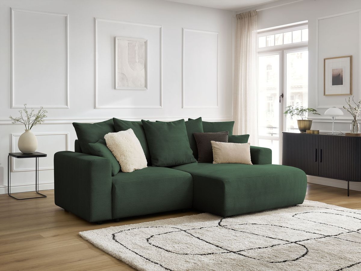 Bobochic Atilla Ecksofa mit Schlaffunktion und Bettkasten Cordsamt Dunkelgrün Ecke rechts