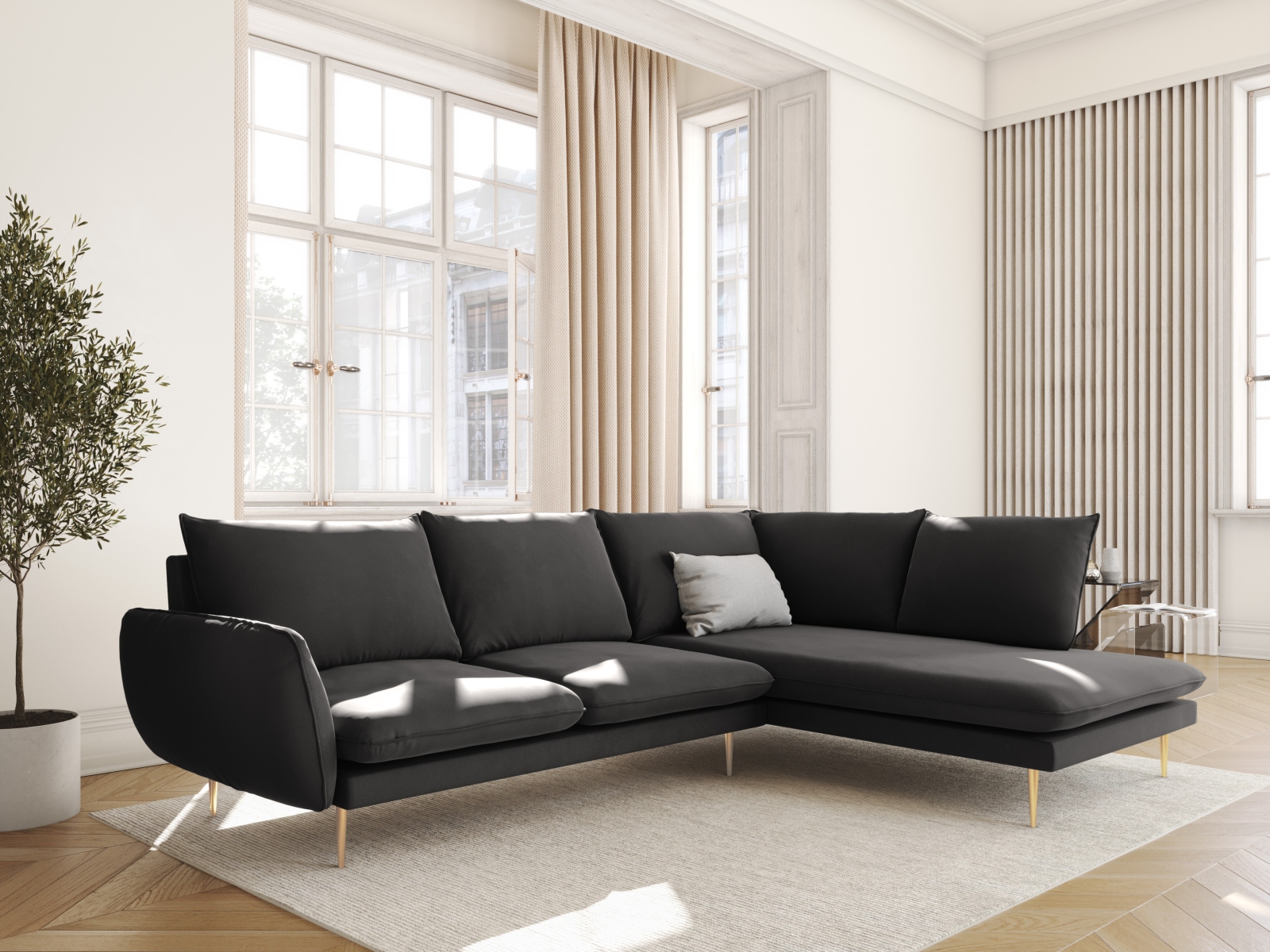 Cosmopolitan Design Ecksofa Vienna 6-Sitzer Samt Bluvel Dunkelgrau Melange Rechts Beine Gold
