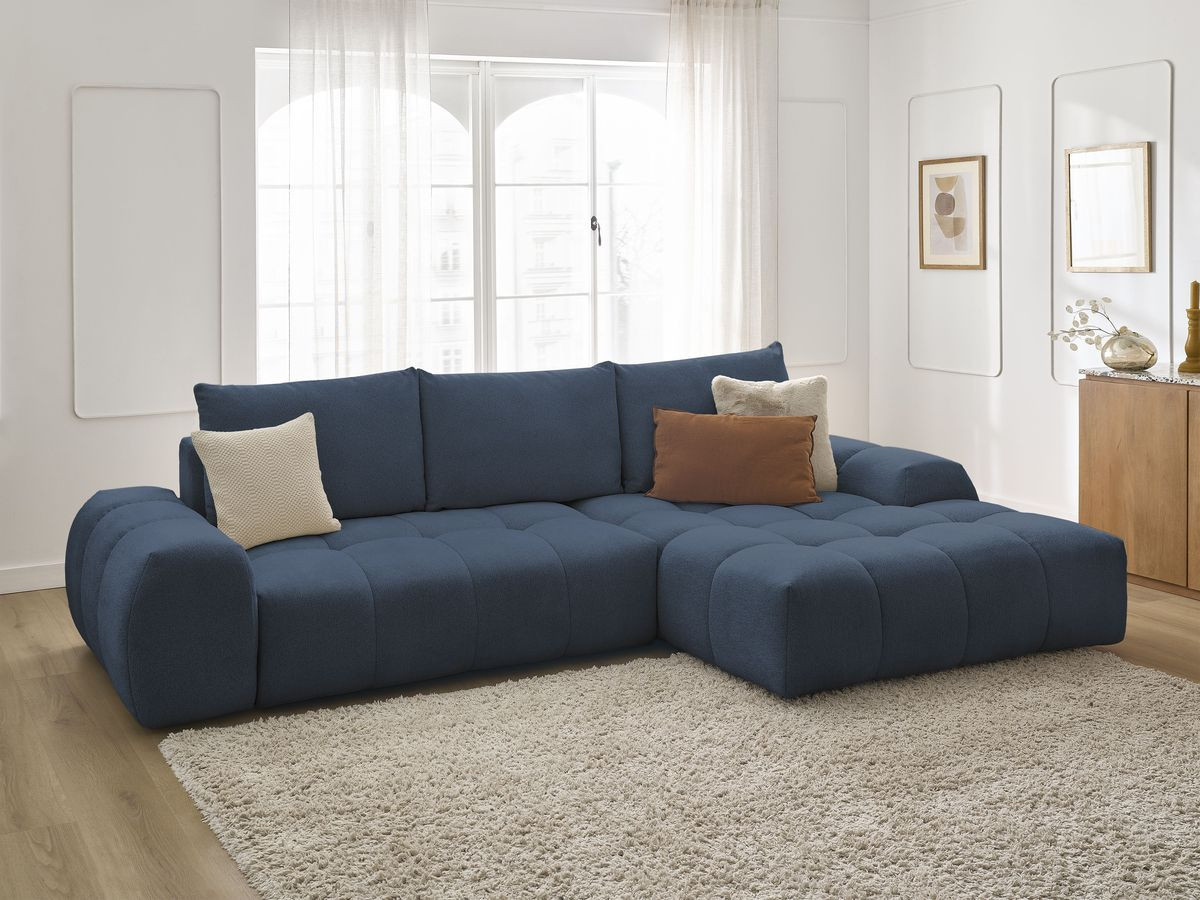 Bobochic Everest Ecksofa mit Schlaffunktion und Bettkasten 318 × 180 cm, 3 Kissen Melange-Stoff Dunkelblau Ecke rechts