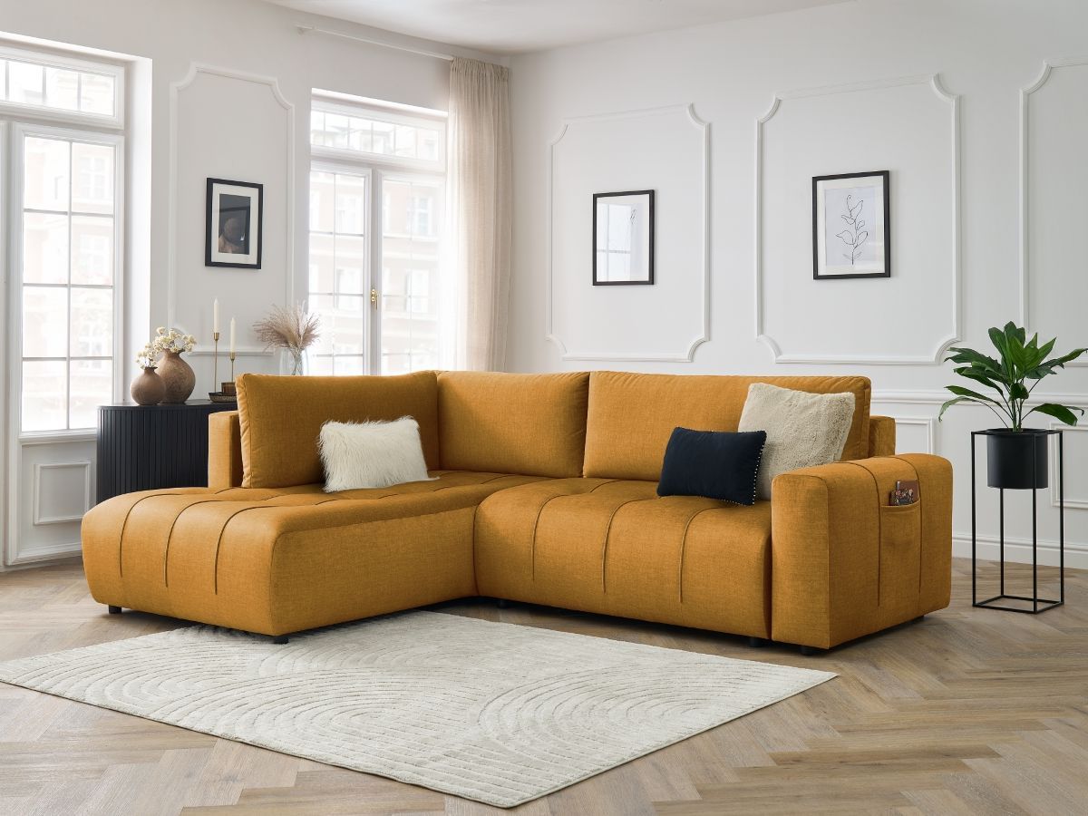 Bobochic Arsene Ecksofa mit Schlaffunktion und Bettkasten 277 × 200 cm Samt Gelb Ecke links