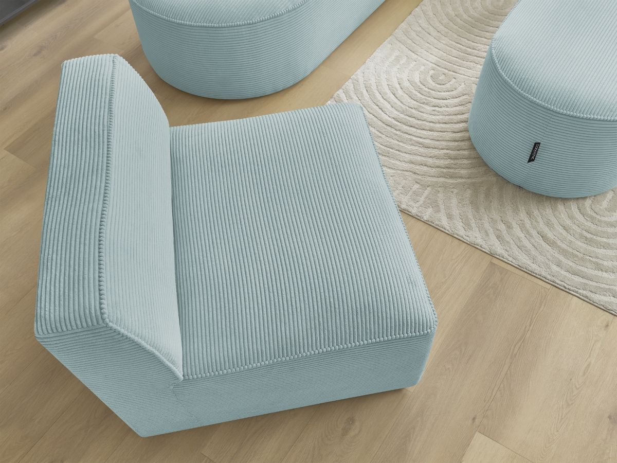 Bobochic Rousseau Ecksofa mit Sofamodul und Pouf Cordsamt Hellblau Ecke rechts