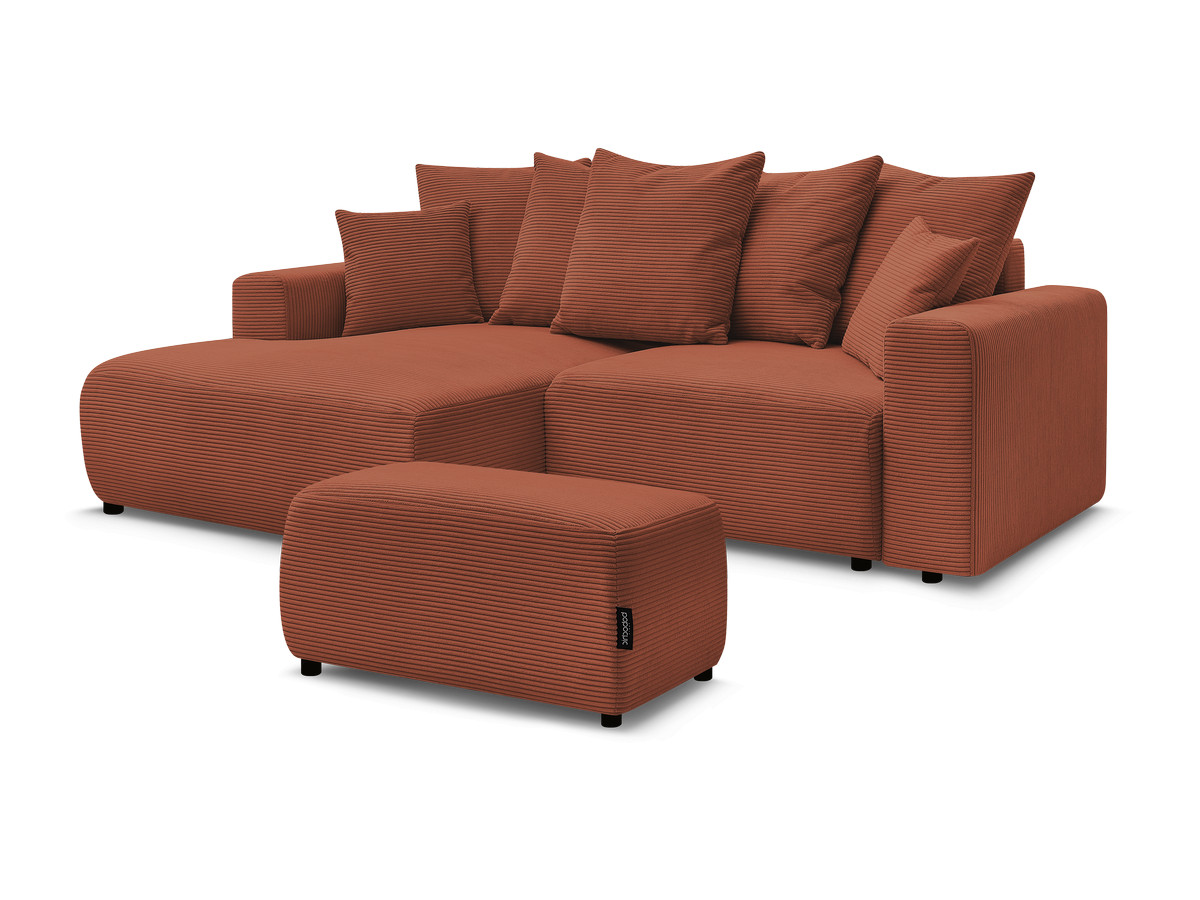 Bobochic Atilla Ecksofa mit Schlaffunktion und Bettkasten und Pouf Cordsamt Orange Ecke links