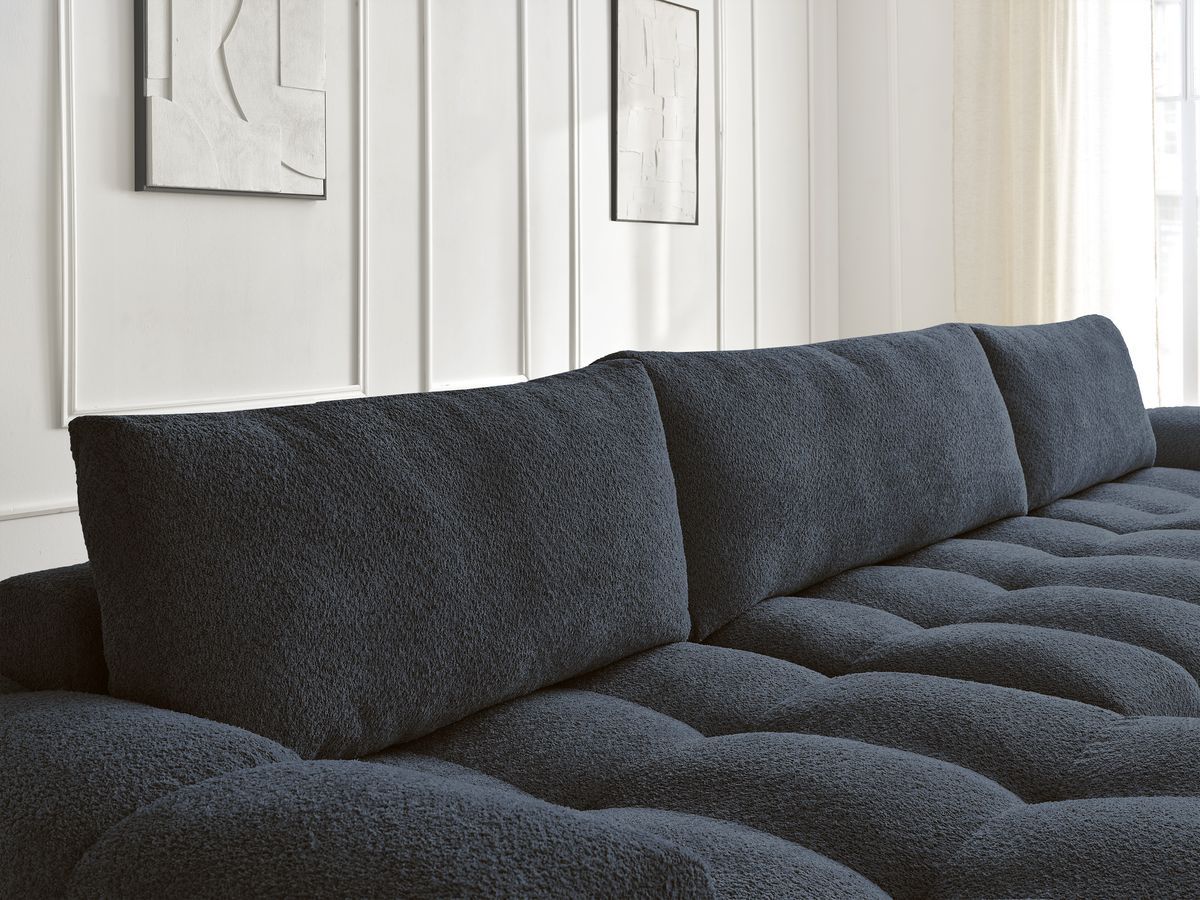 Bobochic Anakin Wohnlandschaft, Liegefläche 137 × 382 cm, 3 Kissen Bouclé-Stoff Dunkelblau