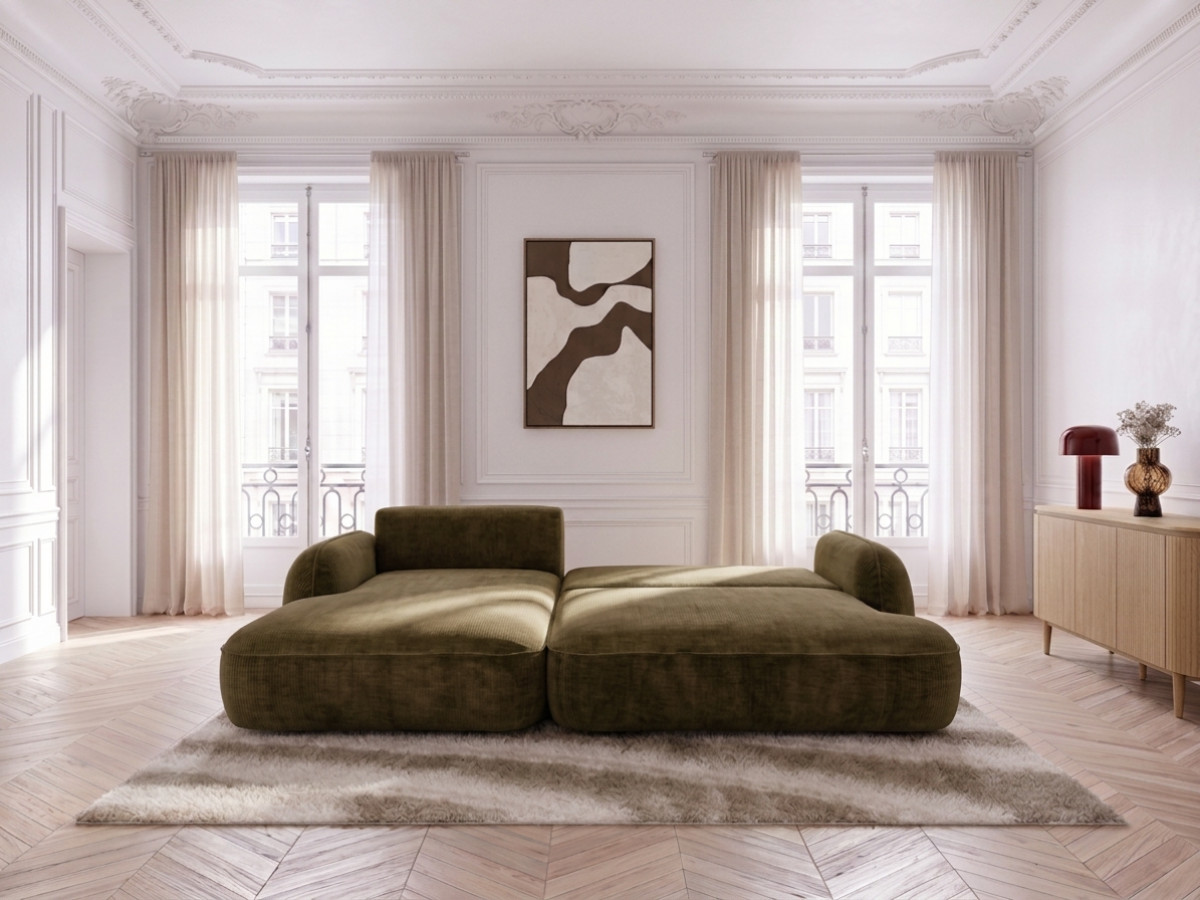 Bobochic Celeste Ecksofa mit Schlaffunktion und Bettkasten Stoff Grün Ecke links
