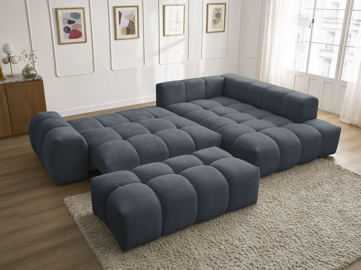 Bobochic Everest Ecksofa mit Schlaffunktion und Bettkasten und Pouf 320 × 212 cm, 5 Kissen Strukturstoff Dunkelblau Ecke rechts