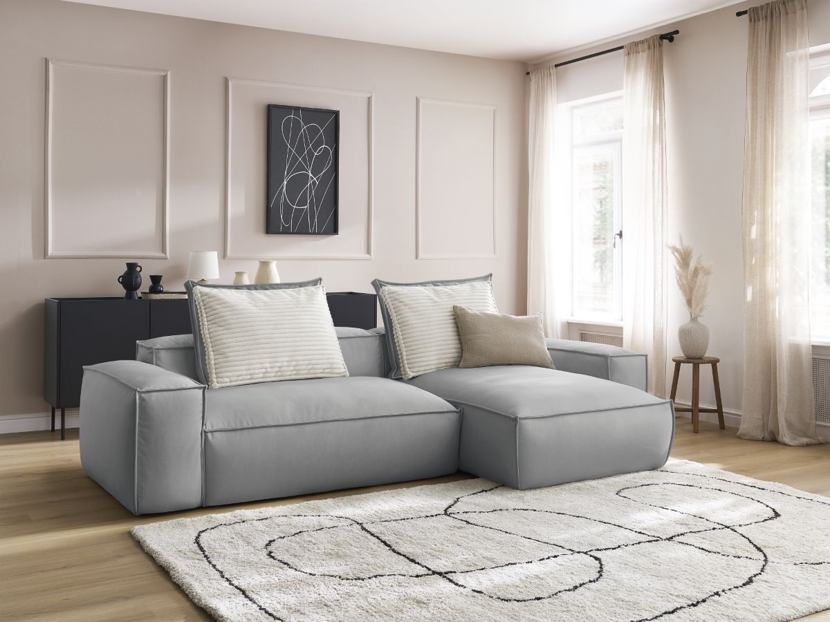 Bobochic Boheme Ecksofa, 3 Kissen Kunstleder Hellgrau