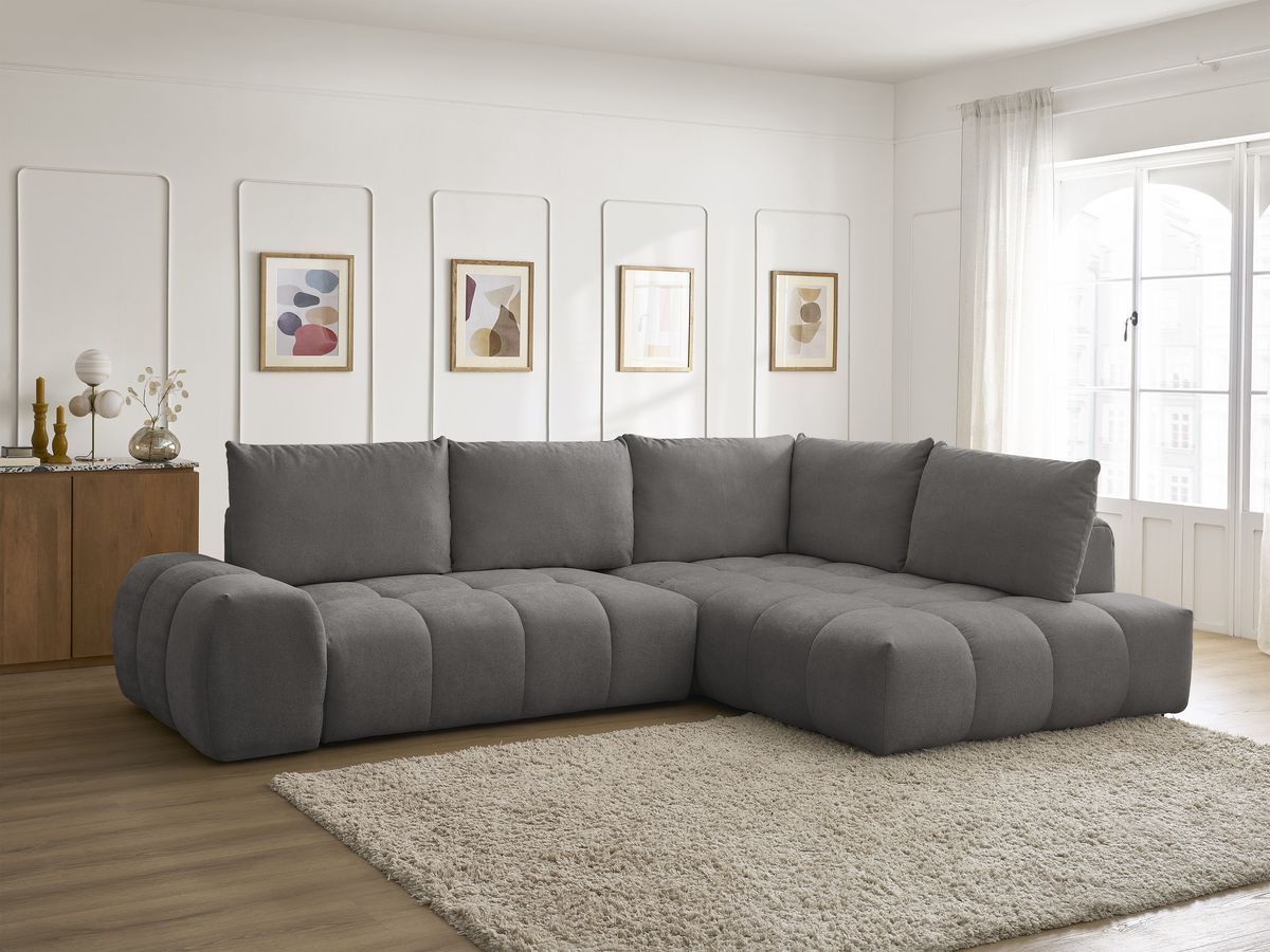 Bobochic Everest Ecksofa mit Schlaffunktion und Bettkasten 320 × 212 cm, 5 Kissen Strukturstoff Dunkelgrau Ecke rechts