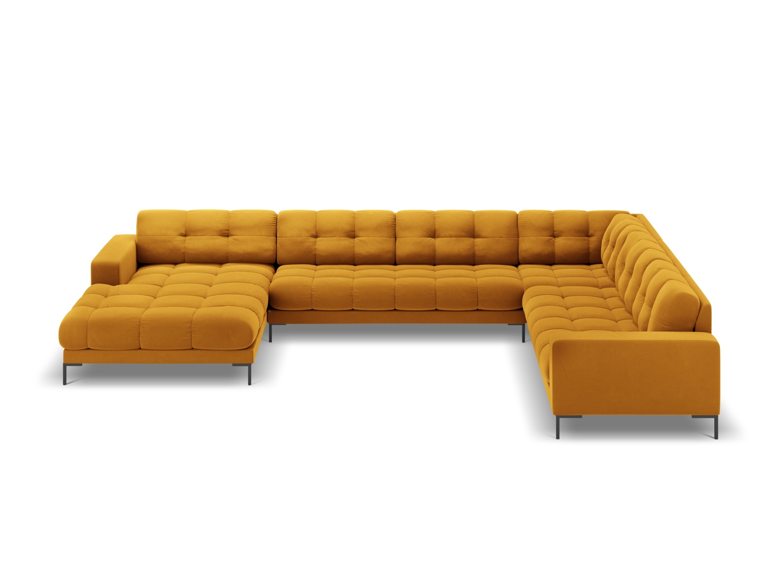 Cosmopolitan Design Panoramasofa Bali 7-Sitzer 327 cm Samt Bluvel Gelb Rechts Beine Schwarzes Metall