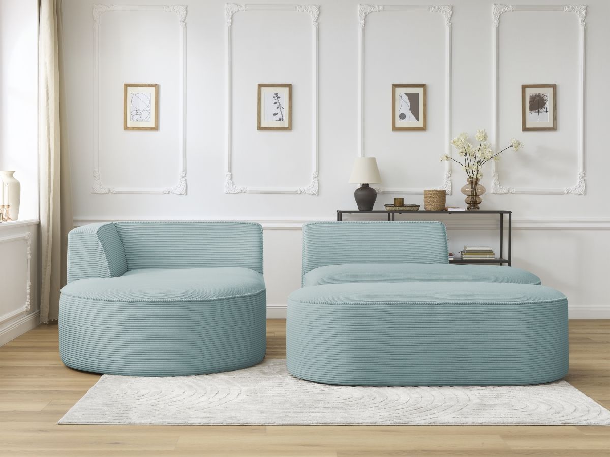 Bobochic Rousseau Ecksofa mit Pouf Cordsamt Hellblau Ecke links