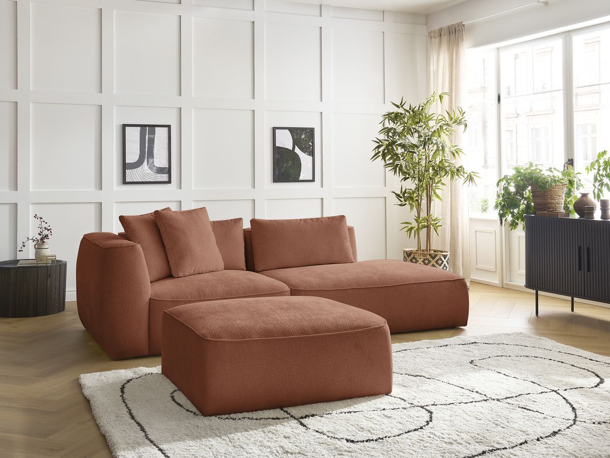 Bobochic Leopold Sofa 4-Sitzer mit Pouf Strukturstoff Orange Armlehne links