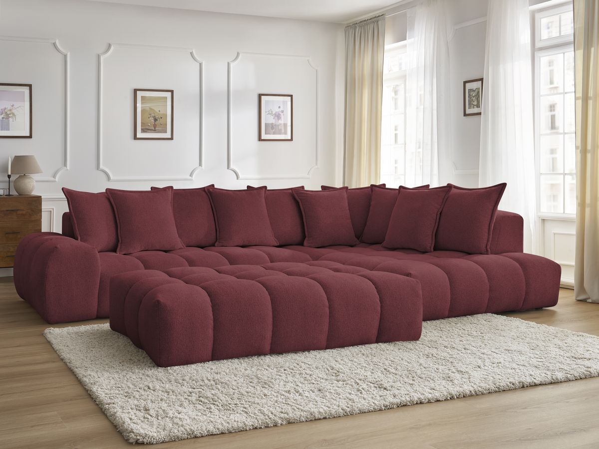 Bobochic Everest Ecksofa mit Schlaffunktion und Pouf, 10 Kissen Melange-Stoff Rot Ecke rechts