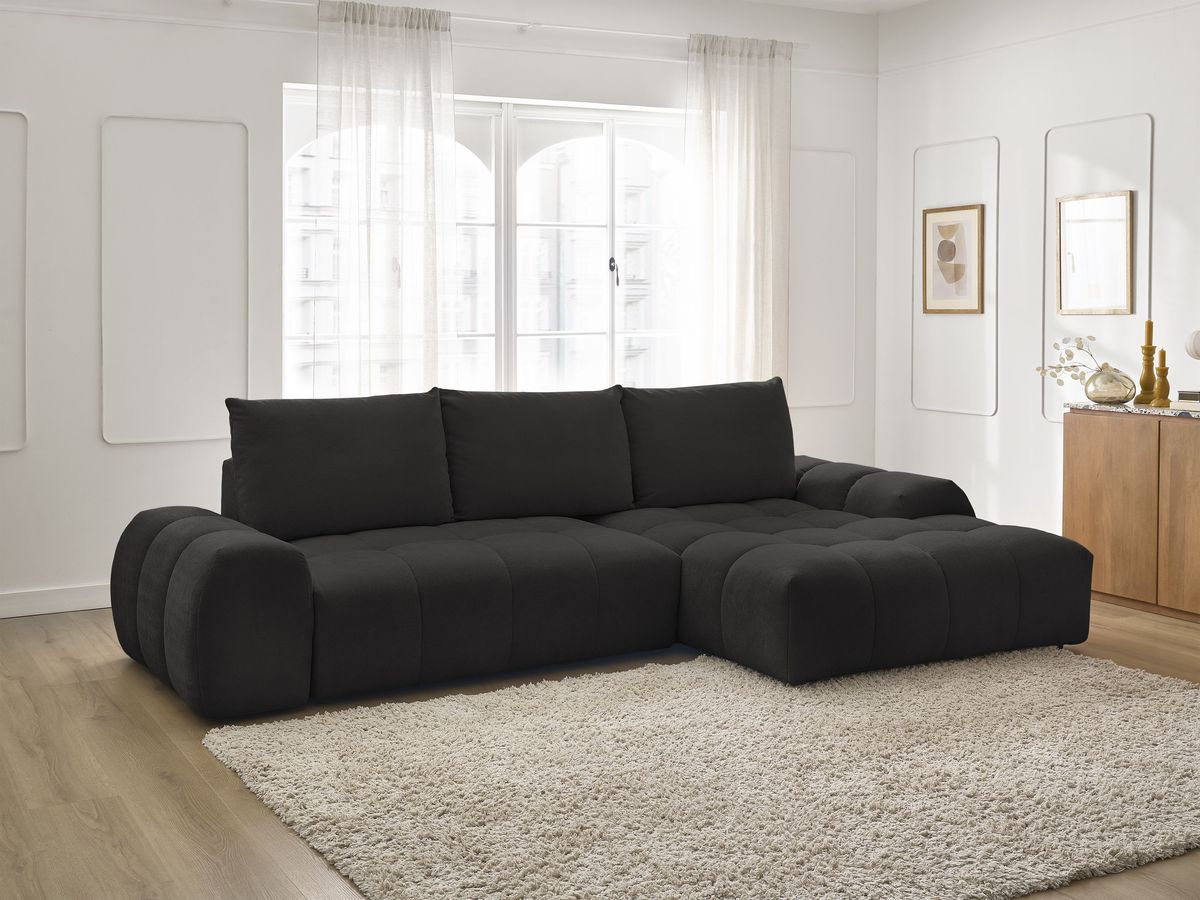 Bobochic Everest Ecksofa mit Schlaffunktion und Bettkasten 318 × 180 cm, 3 Kissen Strukturstoff Schwarz Ecke rechts