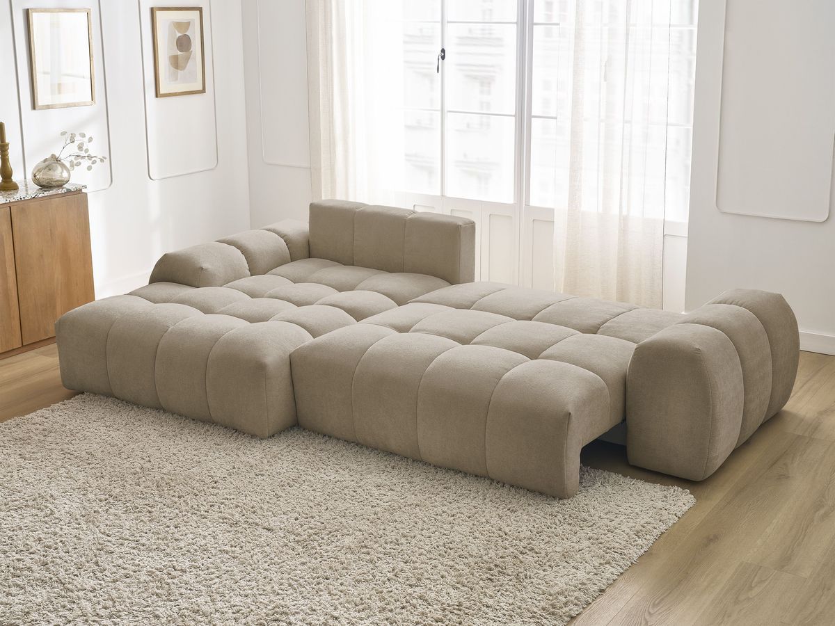 Bobochic Everest Ecksofa mit Schlaffunktion und Bettkasten 318 × 180 cm, 3 Kissen Strukturstoff Taupe Ecke links