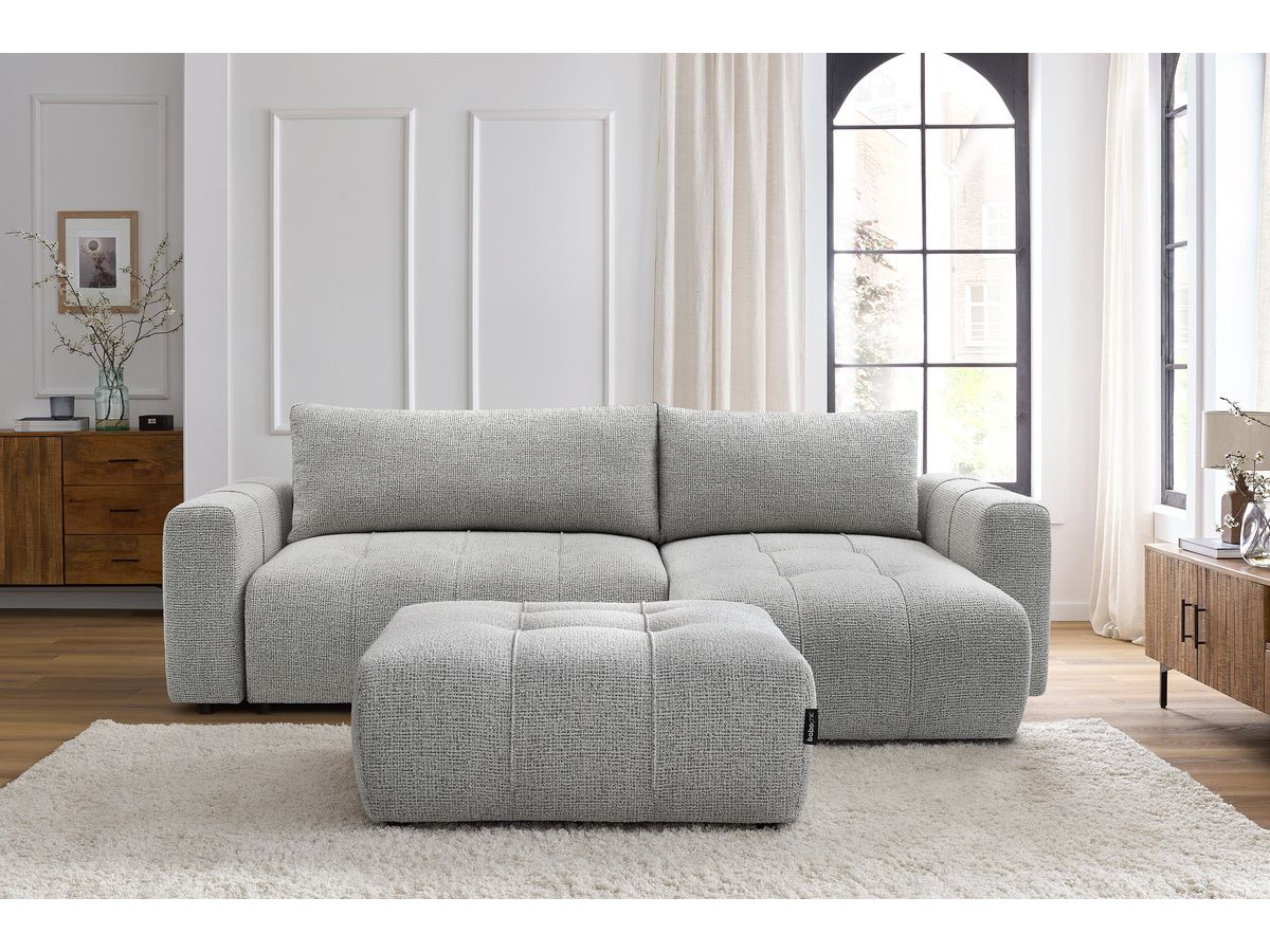 Bobochic Arsene Ecksofa mit Schlaffunktion und Bettkasten und Pouf 288 × 148 cm Melange-Stoff Hellgrau