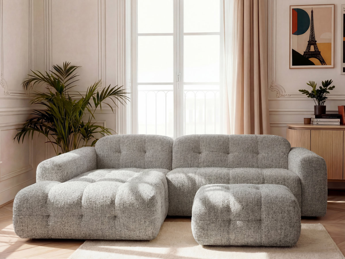 Bobochic Laura Ecksofa mit kleinem Pouf Melange-Stoff Taupe Ecke links